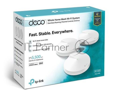 Маршрутизатор TP-Link TP-Link DECO M5(3-PACK) AC1300 Домашняя Wi-Fi система, чипсет Qualcomm, два диапазона (Dual-Band), поддержка стандартов 802.11ac/a/b/g/n, 717 МГц четырёхъядерный процессор, Bluetooth 4.2, 2 гигабитных порта Ethernet, 1 порт USB Type