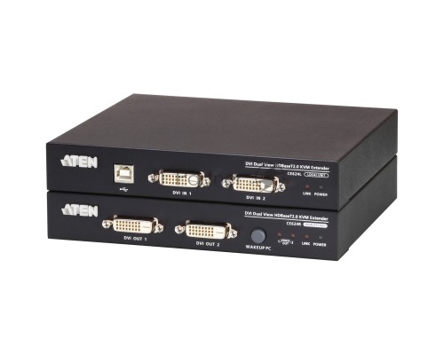Удлинитель, KVM USB 2xDVI Single Link+AUDIO+RS232, 100 м., 1xUTP, макс.разр.1920х1200 60Hz 90м Cat5e;100м Cat6/6a /1080p 100м HDBaseT;1920x1200 150м cat6/6a LongReach HDBaseT, 2xDVI-D+2MINIJACK+DB9+USB B>3xUSB A, бп 220> 5V,,[ATEN CE624-AT-G]