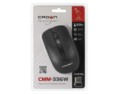 Мышь беспроводная Crown CMM-336W черный, 1600 dpi, радиоканал, USB, кнопки - 4
