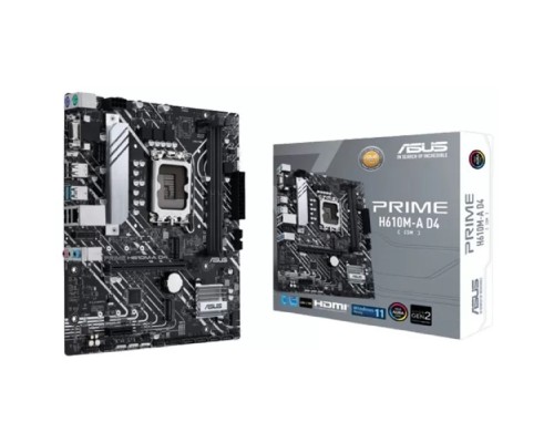 [Материнская плата] ASUS PRIME H610M-A D4-CSM (Socket 1700, mATX, 2xDDR4(64GB),  VGA/DP/HDMI 2.1, 1xPCIe 4.0x16/1xPCIe 3.0, 1xLAN, 4xSATA 6Gb/s, 2xM.2, 1xM.2 E key, 2xUSB 3.2, 4xUSB 2.0, 2xPS/2)