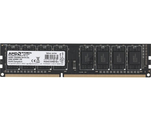 Оперативная память 4GB AMD Radeon™ DDR3 1333 DIMM R3 Value Series Black R334G1339U1S-U Non-ECC, CL9, 1.5V, Retail