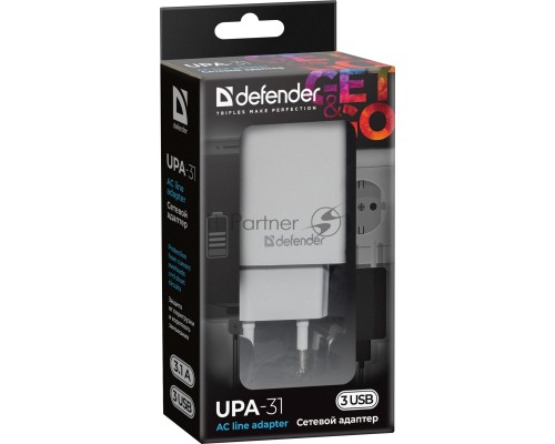 Сетевой адаптер Defender 3xUSB, 5V/3.1А , белый (UPA-31) (83587)