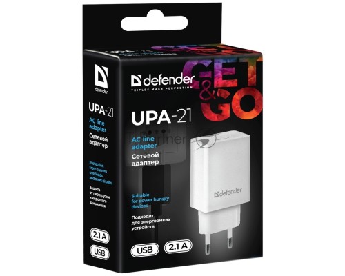 Сетевой адаптер Defender 1xUSB, 5V/2.1А , белый (UPA-21) (83571)