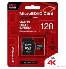 Флеш карта QUMO MicroSDXC 128 GB 90/70 МБ/с UHS-I U3, Pro seria 3.0  с адаптером SD, красная картонная упаковка