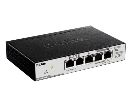 Коммутатор D-Link DGS-1100-05PD/U, L2 Smart Switch with 4 10/100/1000Base-T ports and 1 10/100/1000Base-T PD port(2 PoE ports 802.3af (15,4 W), PoE Budget 18W from 802.3at / 8W from 802.3af).2K Mac address, 802