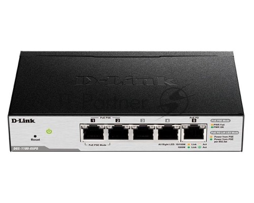 Коммутатор D-Link DGS-1100-05PD/U, L2 Smart Switch with 4 10/100/1000Base-T ports and 1 10/100/1000Base-T PD port(2 PoE ports 802.3af (15,4 W), PoE Budget 18W from 802.3at / 8W from 802.3af).2K Mac address, 802