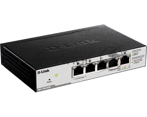Коммутатор D-Link DGS-1100-05PD/U, L2 Smart Switch with 4 10/100/1000Base-T ports and 1 10/100/1000Base-T PD port(2 PoE ports 802.3af (15,4 W), PoE Budget 18W from 802.3at / 8W from 802.3af).2K Mac address, 802