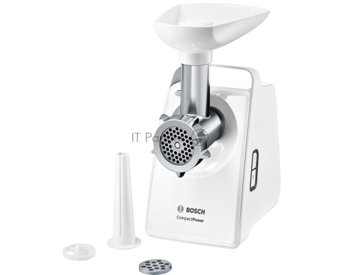 Мясорубка Bosch MFW3910W CompactPower, 1900Вт, 2,3 кг/мин, цвет: белый, механическая за щита от перегрузки, 1 скор. Комплект: 2 диска для фарша, насадка для кол басок