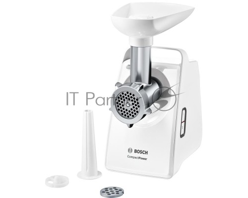 Мясорубка Bosch MFW3910W CompactPower, 1900Вт, 2,3 кг/мин, цвет: белый, механическая за щита от перегрузки, 1 скор. Комплект: 2 диска для фарша, насадка для кол басок
