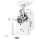 Мясорубка Bosch MFW3910W CompactPower, 1900Вт, 2,3 кг/мин, цвет: белый, механическая за щита от перегрузки, 1 скор. Комплект: 2 диска для фарша, насадка для кол басок