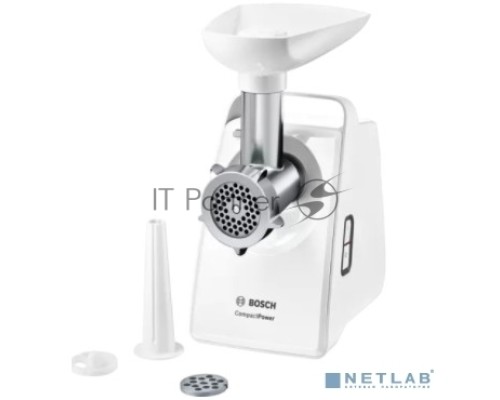 Мясорубка Bosch MFW3910W CompactPower, 1900Вт, 2,3 кг/мин, цвет: белый, механическая за щита от перегрузки, 1 скор. Комплект: 2 диска для фарша, насадка для кол басок
