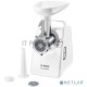 Мясорубка Bosch MFW3910W CompactPower, 1900Вт, 2,3 кг/мин, цвет: белый, механическая за щита от перегрузки, 1 скор. Комплект: 2 диска для фарша, насадка для кол басок