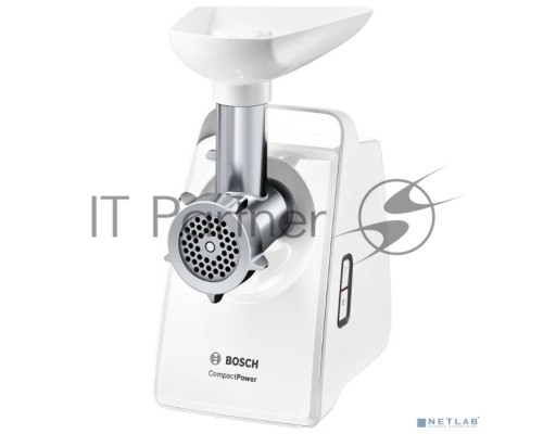 Мясорубка Bosch MFW3910W CompactPower, 1900Вт, 2,3 кг/мин, цвет: белый, механическая за щита от перегрузки, 1 скор. Комплект: 2 диска для фарша, насадка для кол басок