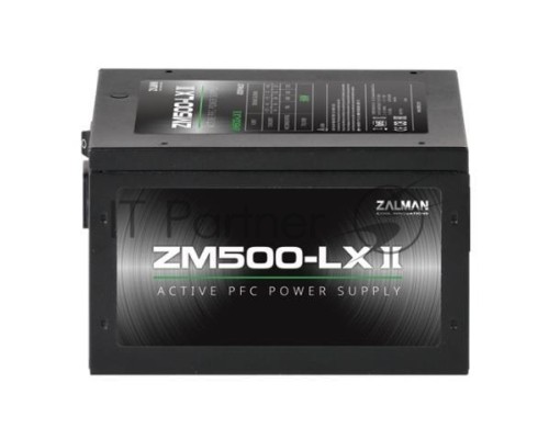 Блок питания Zalman ZM500-LXII <500W, (20+4+4+4) pin, 2x(6+2) pin, 6xSATA, 3xMolex, 12 см, кабель питания, 84%, Active P