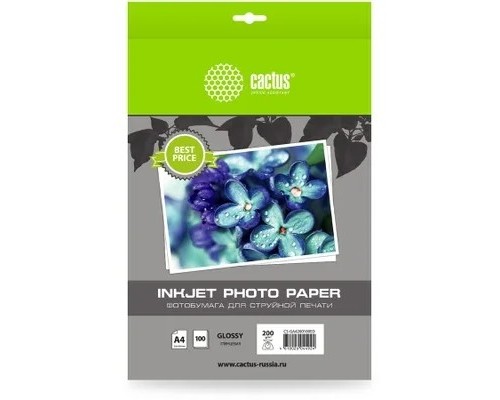 [Бумага] Фотобумага Cactus CS-GA4200100ED, A4, для струйной печати, 100л, 200г/м2, белый, покрытие глянцевое