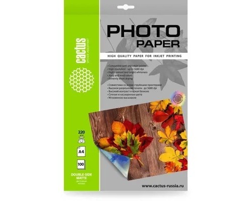 [Бумага] Фотобумага Cactus CS-MA4220100DS, A4, для струйной печати, 100л, 220г/м2, белый, покрытие матовое /матовое