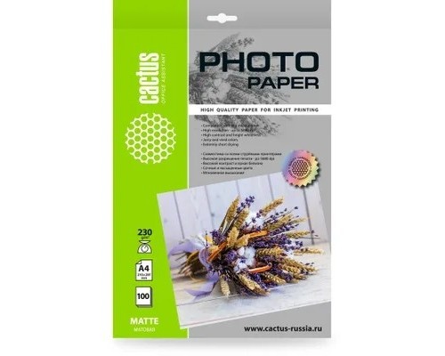 [Бумага] Фотобумага Cactus CS-MA4230100, A4, для струйной печати, 100л, 230г/м2, белый, покрытие матовое