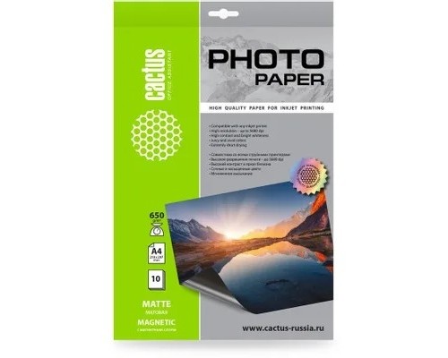 [расходные материалы] Фотобумага Cactus CS-MMA465010, A4, для струйной печати, 10л, 650г/м2, белый, покрытие матовое /магнитный слой