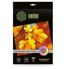 Фотобумага Cactus Prof, A5, для струйной печати, 50л, 260г/м2, белый, покрытие глянцевое [cs-hga526050]