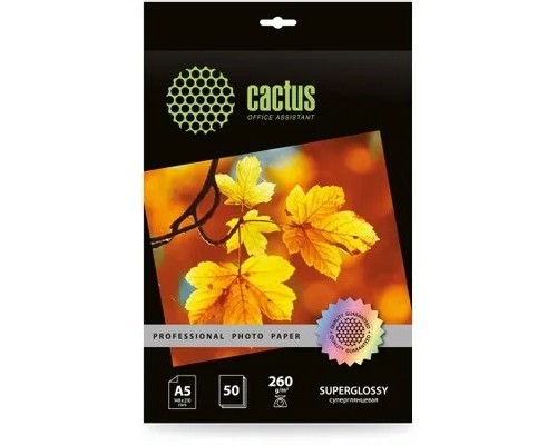[расходные материалы] Фотобумага Cactus Prof, A5, для струйной печати, 50л, 260г/м2, белый, покрытие глянцевое [cs-hga526050]