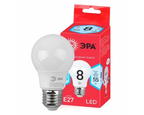 [ЭРА Светодиодные лампы] ЭРА Б0052382 Лампочка светодиодная RED LINE LED A55-8W-840-E27 R Е27 / E27 8Вт груша нейтральный белый свет