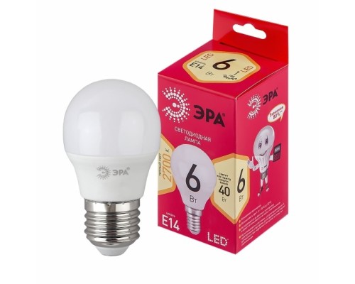 [ЭРА Светодиодные лампы] ЭРА Б0051058 Лампочка светодиодная RED LINE LED P45-6W-827-E14 R Е14 / E14 6 Вт шар теплый белый свет