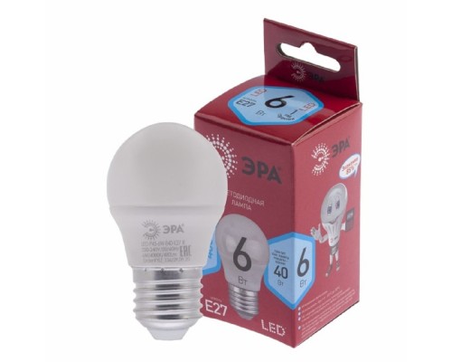 [ЭРА Светодиодные лампы] ЭРА Б0049644 Лампочка светодиодная RED LINE LED P45-6W-840-E27 R E27 / Е27 6Вт шар нейтральный белый свет