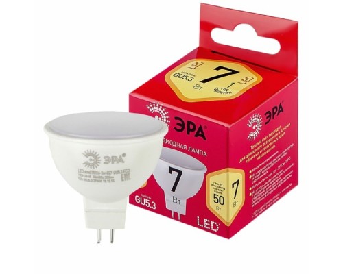 [ЭРА Светодиодные лампы] ЭРА Б0050231 Лампочка светодиодная RED LINE LED MR16-7W-827-GU5.3 R GU5.3 7 Вт софит теплый белый свет