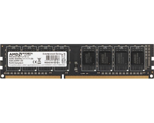 Оперативная память AMD 4GB DDR3 1600MHz DIMM R3 Value Series Black R534G1601U1S-U Non-ECC, CL11, 1.5V, Retail