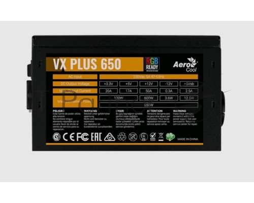 Блок питания Aerocool VX-650 RGB PLUS (ATX 2.3, 650W, 120mm fan, RGB-подсветка вентилятора) Box