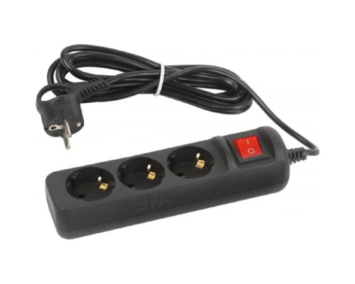 [ЭРА Удлинители бытовые, Сетевые фильтры] ЭРА Б0057728 Удлинитель электрический UX-3es-3m-B с заземлением с выключателем 3 розетки 3 м ПВС 3x0,75мм2 10А черный