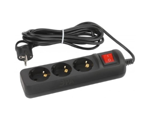 [ЭРА Удлинители бытовые, Сетевые фильтры] ЭРА Б0057729 Удлинитель электрический UX-3es-5m-B с заземлением с выключателем 3 розетки 5м ПВС 3x0,75мм2 10А черный 