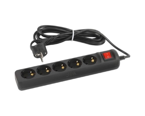 [ЭРА Удлинители бытовые, Сетевые фильтры] ЭРА Б0057730 Удлинитель электрический UX-5es-1,5m-B с заземлением с выключателем 5 розеток 1,5м ПВС 3x0,75мм2 черный