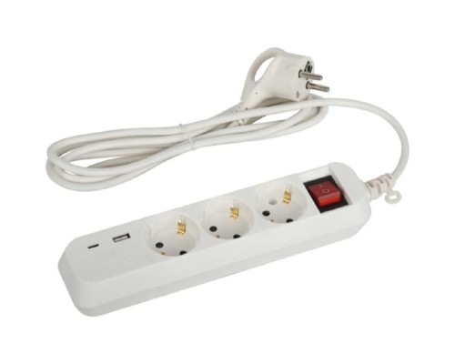 [ЭРА Удлинители бытовые, Сетевые фильтры] ЭРА Б0052897 Удлинитель электрический UB-3es-1,5m-USB c заземлением с выключателем 3 розетки + 1xUSBA+1xUSBC 1,5м 10А