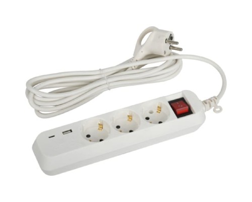 [ЭРА Удлинители бытовые, Сетевые фильтры] ЭРА Б0052898 Удлинитель электрический UB-3es-3m-USB c заземлением с выключателем 3 розетки + 1xUSBA+1xUSBC 3м 10А 