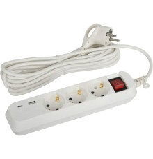 ЭРА Б0052899 Удлинитель электрический UB-3es-5m-USB c заземлением с выключателем 3 розетки + 1xUSBA+1xUSBC 5м 10А