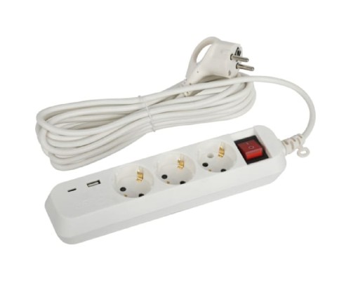 [ЭРА Удлинители бытовые, Сетевые фильтры] ЭРА Б0052899 Удлинитель электрический UB-3es-5m-USB c заземлением с выключателем 3 розетки + 1xUSBA+1xUSBC 5м 10А