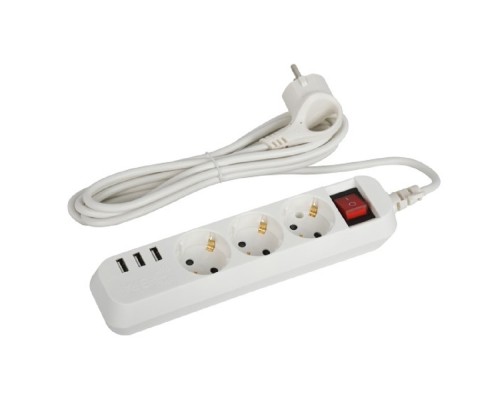 [ЭРА Удлинители бытовые, Сетевые фильтры] ЭРА Б0052900 Удлинитель электрический U-3es-1,5m-USB c заземлением с выключателем 3 розетки + 3xUSBA 1,5м 10А