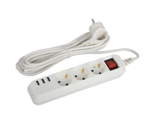 [ЭРА Удлинители бытовые, Сетевые фильтры] ЭРА Б0052902 Удлинитель электрический U-3es-5m-USB c заземлением с выключателем 3 розетки + 3xUSBA 5м 10А