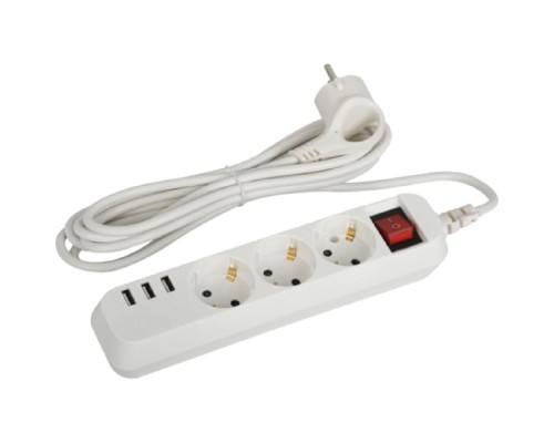 [ЭРА Удлинители бытовые, Сетевые фильтры] ЭРА Б0052901 Удлинитель электрический U-3es-3m-USB c заземлением с выключателем 3 розетки + 3xUSBA 3м 10А