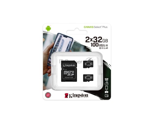 Флеш карта microSDHC 32GB microSDXC Class10 Kingston <SDCS2/32GB-2P1A> Class10 UHS-I Canvas Select up to 100MB/s с адапт.