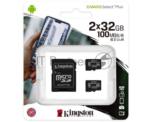 Флеш карта microSDHC 32GB microSDXC Class10 Kingston <SDCS2/32GB-2P1A> Class10 UHS-I Canvas Select up to 100MB/s с адапт.