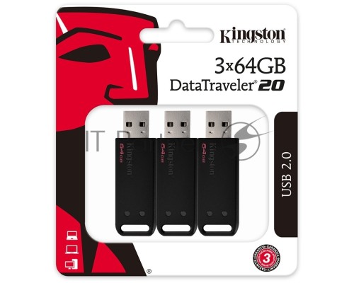 Флеш Диск Kingston 64Gb DataTraveler DT20 <DT20/64GB-3P>, USB2.0 черный, 3шт
