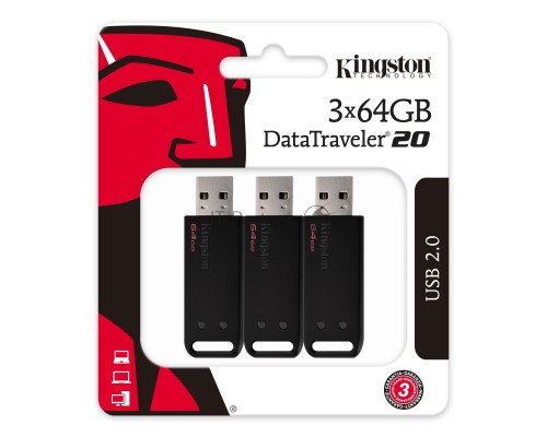 Флеш Диск Kingston 64Gb DataTraveler DT20 <DT20/64GB-3P>, USB2.0 черный, 3шт