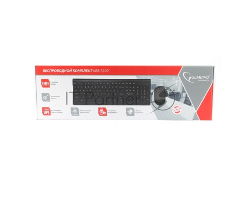 Комплект клавиатура+мышь беспроводные Gembird KBS-7200, черный, 2.4ГГц/10м, 1600 DPI,  мини-приемник- USB