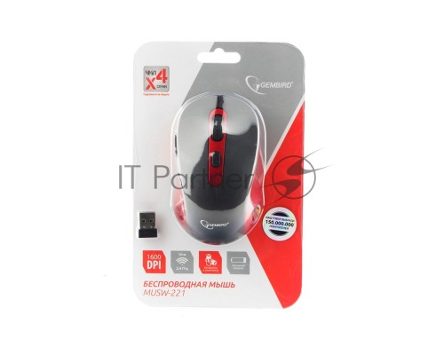 Мышь беспроводная Gembird MUSW-221-R черный/красный, 1600 dpi, радиоканал, USB, кнопки - 6