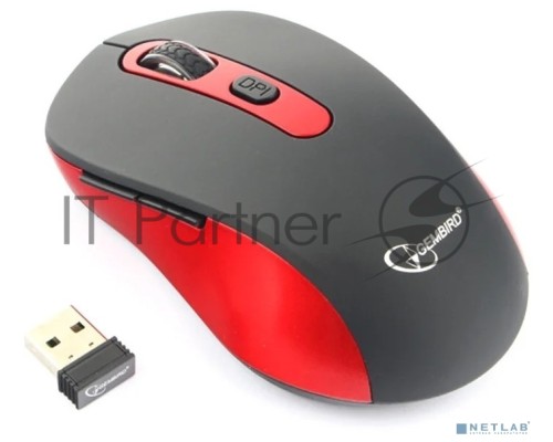Мышь беспроводная Gembird MUSW-221-R черный/красный, 1600 dpi, радиоканал, USB, кнопки - 6