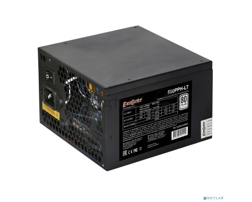 Блок питания 600W ExeGate 600PPH-LT-OEM, 80+, ATX, black, APFC, 12cm, 24p, (4+4)p, 5*SATA, 3*IDE